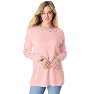 Roaman's Women's Plus Size Pointelle Sleeve Pullover - 1 of 4