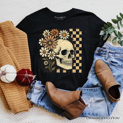 Checkered Floral Skeleton T-Shirt, Vintage Skull Daisy Halloween Tee| OrnamentallyYou