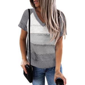 Womens Sweater Tops V Neck Short Sleeve Knit Shirt Blouse - 1 of 2