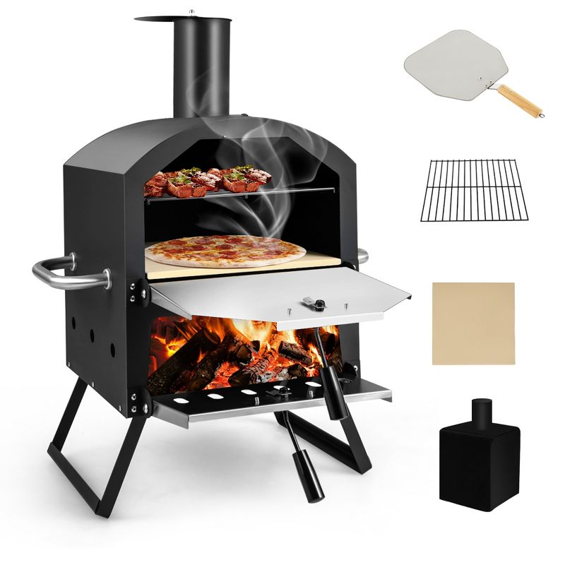 Costway 2-Layer Pizza Oven Wood Fired Pizza Grill Outside Pizza Maker with Waterproof Cover, 1 of 11