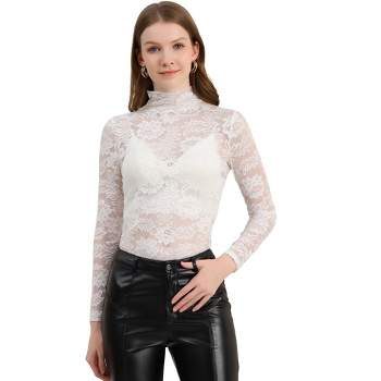 Allegra K Women's See Through Mock Neck Long Sleeve Floral Lace