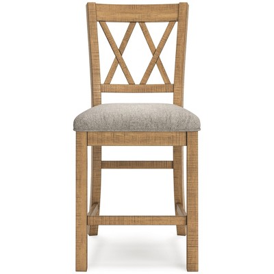 Havonplane Light Brown Wood Counter Height Barstools with Upholstered Seats, Set of 2