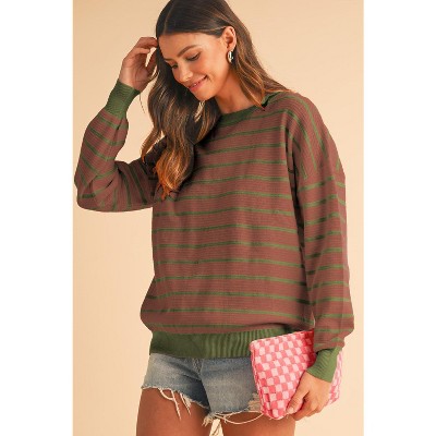 I AM A FASHION JUNKY Orange Stripe Round Neck Drop Shoulder Loose Sweater
