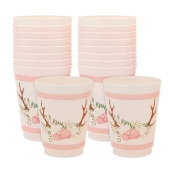 Sparkle and Bash 16 Pack Pink Plastic Floral Tumbler Cups for Oh Deer Girl Baby Shower (16 oz)