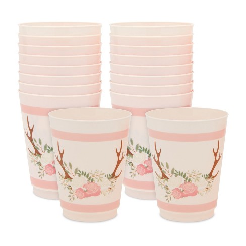 Sparkle and Bash 16 Pack Pink Plastic Floral Tumbler Cups for Oh Deer Girl  Baby Shower (16 oz)