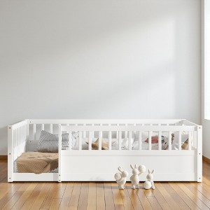 Mshliw Twin/Full Size Floor Bed with Safety Fence and Open Door, Wooden Montessori Style Platform Bed Frame for Toddlers and Kids Bedroom or Playroom - 1 of 4