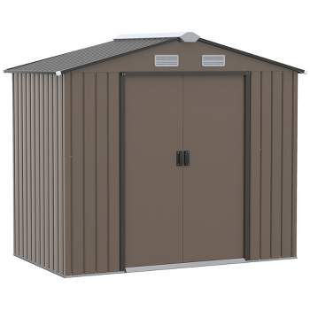 Outsunny 83.75"x51.25" Metal Outdoor Storage Shed with Floor Foundation, All-Weather for Bike, Garbage Can, Tool, Lawnmower, 2 Lockable Doors, Brown