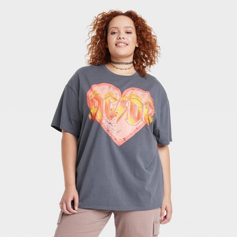 Women s Acdc Heart Oversized Short Sleeve Graphic T shirt Gray