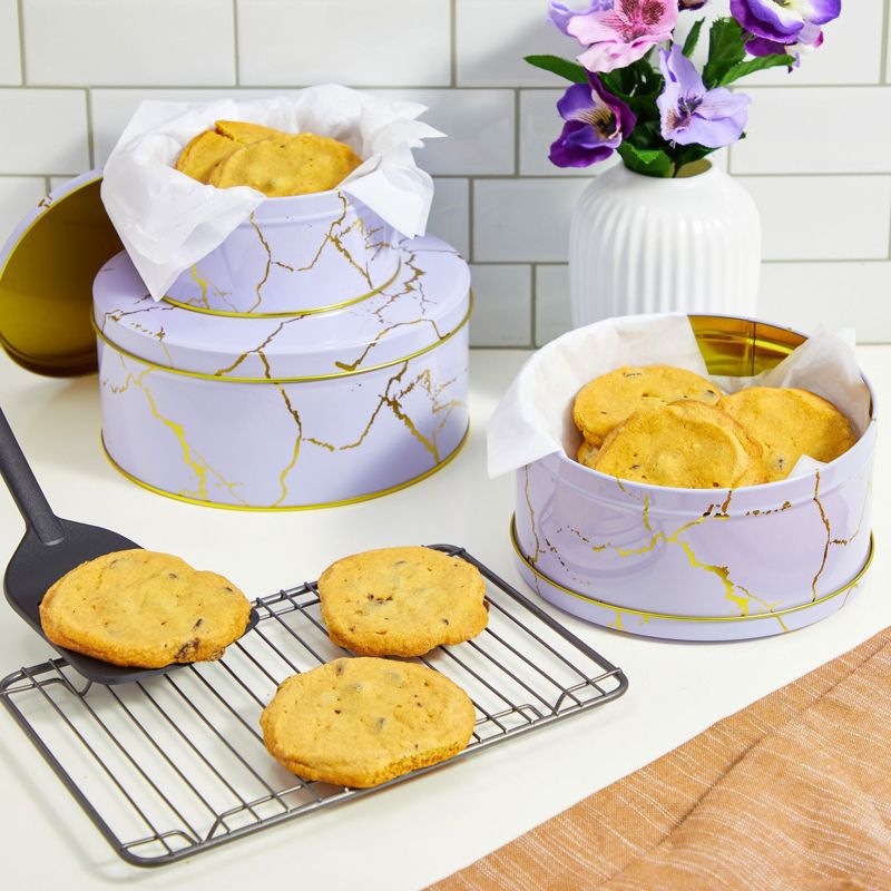 Juvale Set of 3 Marbled Round Nesting Tins with Lids, Circular Metal Kitchen Storage Containers for Cookies and Popcorn in 3 Sizes, Lavender and Gold, 2 of 7