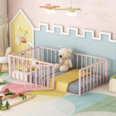Pink Twin Size Metal Bed Frame with Fence and Door Design