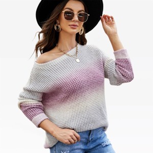 Womens Fall Sweater Waffle Knit Trendy Gradient Sweater with Round Neck Long Sleeve Casual Fit Below Hip Cozy Long Sweater Netted Stitch Knitwear - 1 of 4