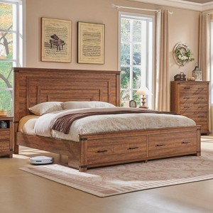 SinCiDo Farmhouse King-Sized Bed Frame 54" Headboard with 2 Large Drawers, Supported By Wooden Strips, No Spring Mattress Required, Noise Free - 1 of 4