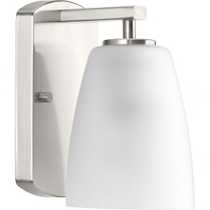 Progress Lighting Leap Collection 1-Light Bath Vanity in Brushed Nickel with Tapered Etched Glass Shade - 1 of 2