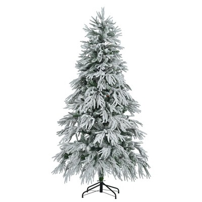 NAYSAYE 6FT Snow Flocked Artificial Christmas Tree Full PVC Branches Hinged Design for Holiday Home Office Decor, White and Green, 44.1"*44.1"*72"