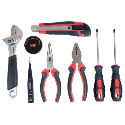 Red and Black 9-Piece Household Hand Tool Set with Ergonomic Handles