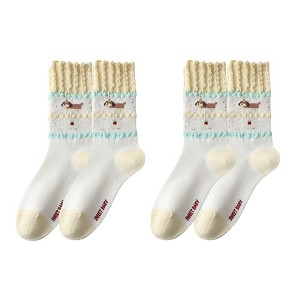 Anna-Kaci Women's 2-Pair Ruffle Cuff Crew Socks with Knit Fabric Playful Character Pattern and Stretch Fit - 1 of 4