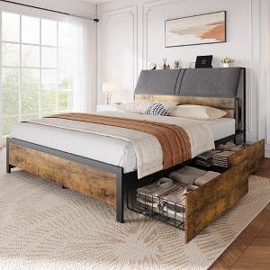 Whizmax Bed Frame with Charging Station and 4 Storage Drawers, Metal Platform Bed with Ergonomic Large Storage Headboard, No Box Spring Needed, Brown - 1 of 4