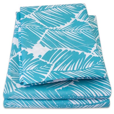 California King Teal Tropical Leaf Microfiber Deep Pocket Sheet Set