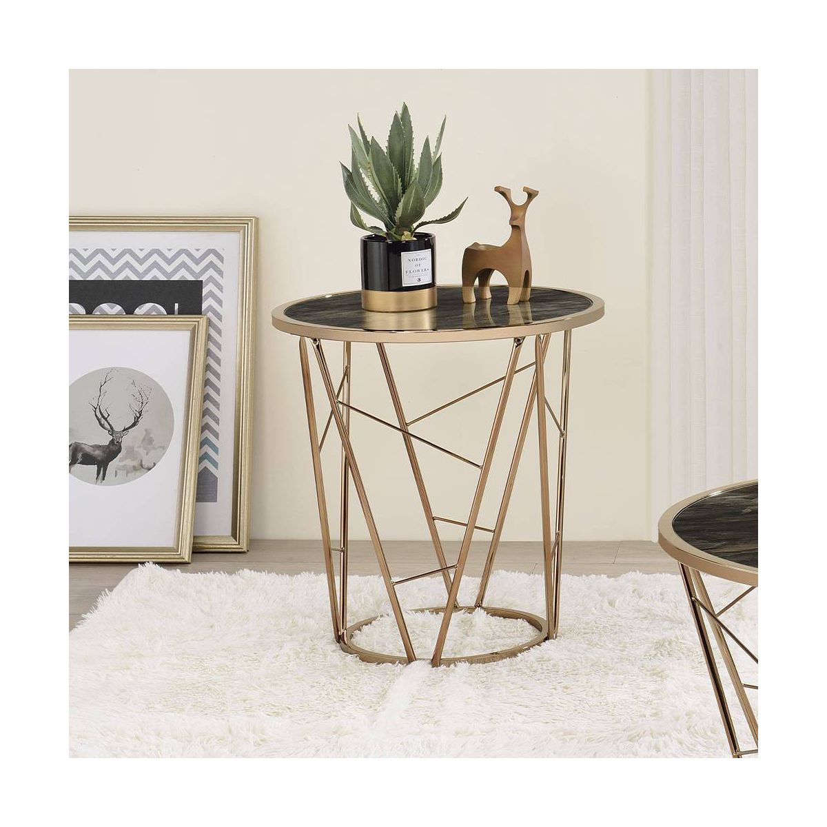 22" Cicatrix Accent Table Faux Black Marble Glass Top Champagne Finish - Acme Furniture: Round, No Assembly, Metal Frame - thumbnail 8