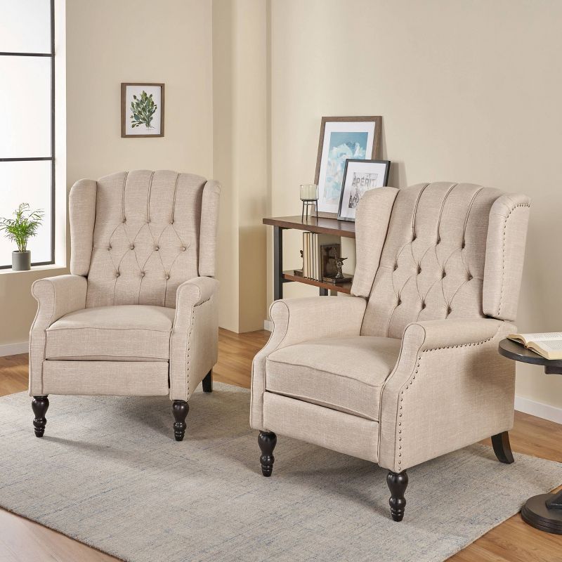 Set of 2 Walter Contemporary Tufted Fabric Press-Back Recliners Beige - Christopher Knight Home, 3 of 8