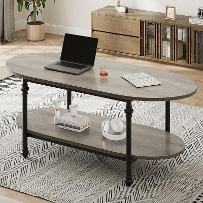 Oval Coffee Table Unique Tea Table 47.2" Mid Century Cocktail Table Low Storage Coffee Table
