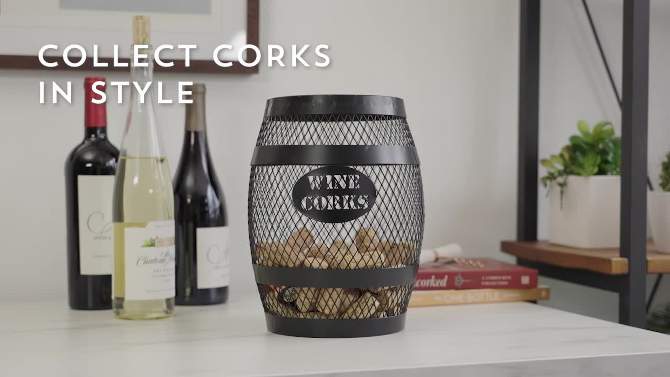 Twine Barrel Cork Holder Metal Decorative Wine Cork Collection Storage, Rustic Black Finish, Black, Holds 150 Corks, Set of 1, 2 of 8, play video