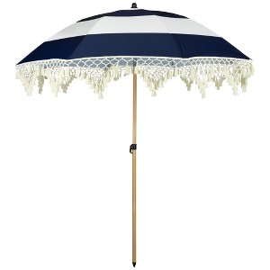 Northlight Striped Outdoor Tilting Macrame Boho Beach Market Umbrella - 6.5' - Blue and White - 1 of 4