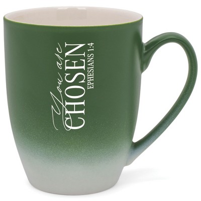 Elanze Designs You Are Chosen Ephesians 1:4 Two Toned Ombre Matte Green and White 12 ounce Ceramic Stoneware Coffee Cup Mug