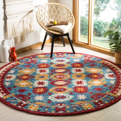 Handmade Blue and Red Wool Geometric Round Rug