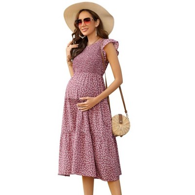 Maternity Short Sleeve Smocked Summer Dress Crew Neck Casual Midi Dress Baby Shower Photoshoot