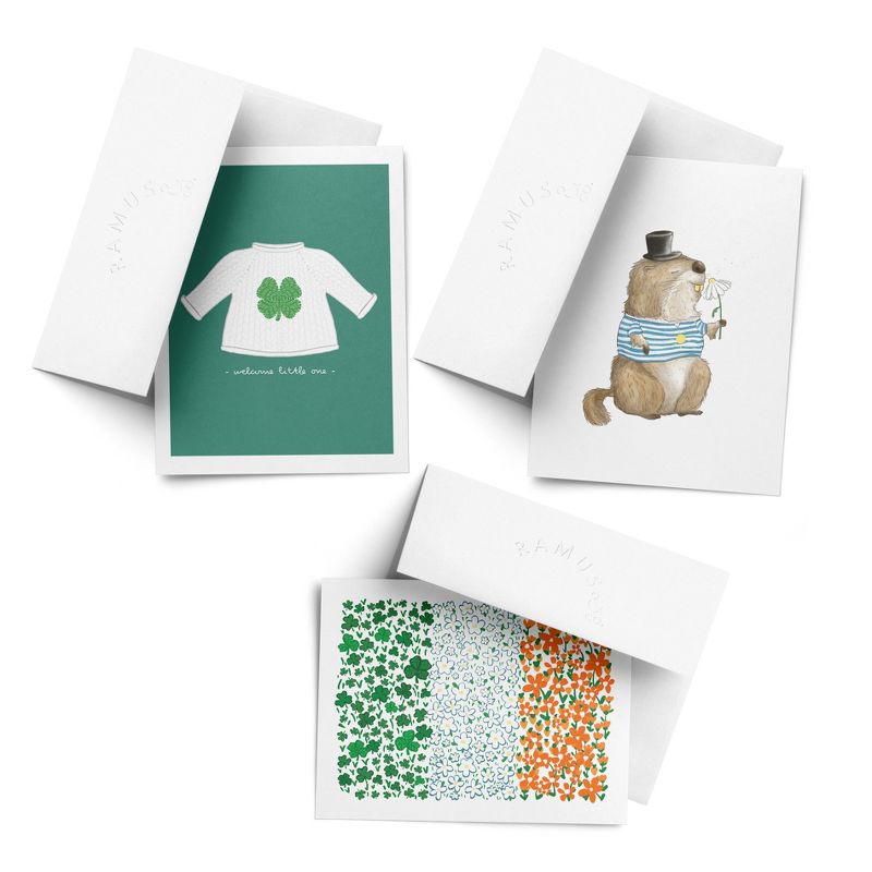 Baby/St. Patrick's Day Assorted Greeting Card Pack (3ct) "Lucky Baby Sweater, Groundhog Sunshine , Irish Floral Flag" by Ramus & Co, 1 of 5