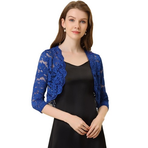 Allegra K Women's Elegant 3/4 Sleeve Sheer Floral Lace Shrug Cobalt Blue  Small : Target