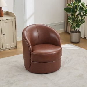 GDFStudio Alejandro Mid-Century Modern Top-Grain Leather Swivel Accent Chair with Rivet Detailing - 1 of 4