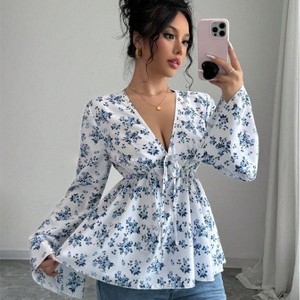 Coolmee Women's Floral Print Blouse Long Sleeve Babydoll Shirt Deep V Neck Peplum Top - 1 of 4