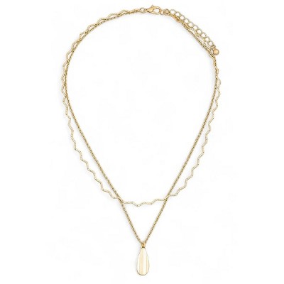 Slickblue Gold Layered Necklace, Flat Teardrop Pendant with Wavy Detail, Boho Chic Jewelry, 16"+2"