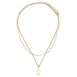 Slickblue Gold Layered Necklace, Flat Teardrop Pendant with Wavy Detail, Boho Chic Jewelry, 16"+2" - 1 of 3