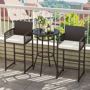 Costway 3 Piece Wicker Patio Bar Set with 2 Seat Cushions Glass Tabletop for Backyard - 1 of 4