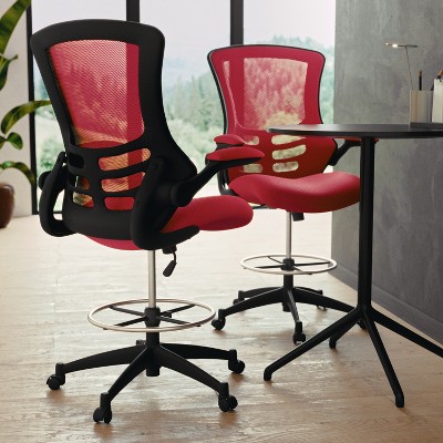 Kelista Mid-Back Red Mesh Drafting Chair with Adjustable Arms
