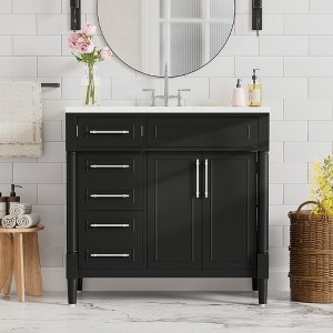 FAMYYT 36 in. Single Sink Freestanding Black Bath Vanity with White Resin Top, Adjustable Shelf, Solid Wood Frame - 1 of 4