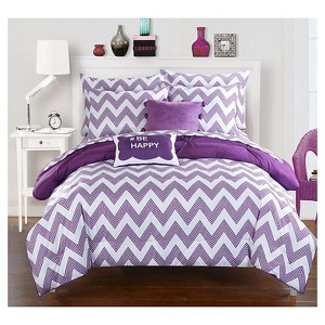 Foxville Pinch Pleated and Ruffled Chevron Print Reversible Comforter Set 9 Piece (Full) Purple - Chic Home Design