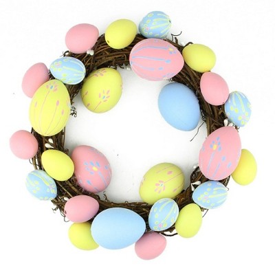 Northlight 10" Unlit Floral Stem Easter Egg Spring Grapevine Wreath - Yellow/Pink