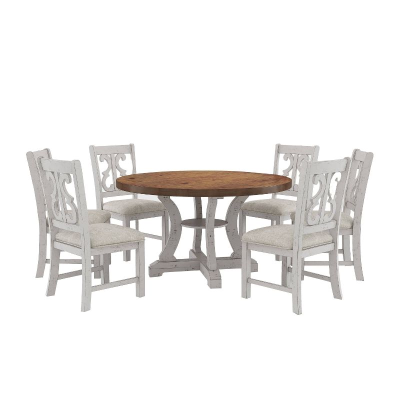 7pc Lexin Rustic Round Dining Table Set Distressed White/ Distressed Dark Oak - miBasics, 1 of 16