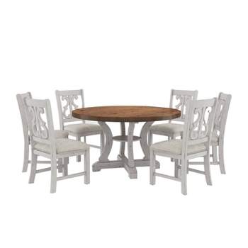 7pc Lexin Rustic Round Dining Table Set Distressed White/ Distressed Dark Oak - miBasics
