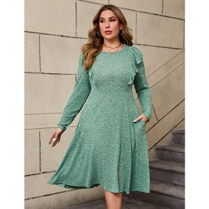 Women's Plus Size Fall Dresses Crew Neck Midi Sweater Dress Long Sleeve Casual Dress Ruffle Slim Knit Dress - 1 of 4