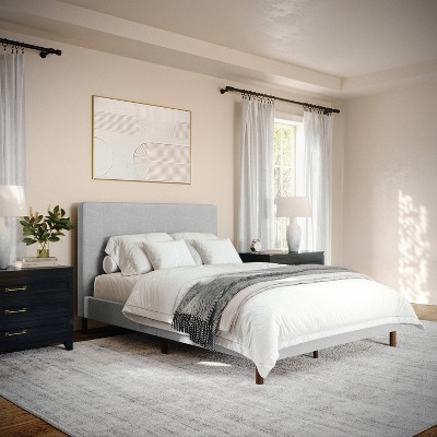 Britta Gray Upholstered Full Platform Bed with Walnut Legs