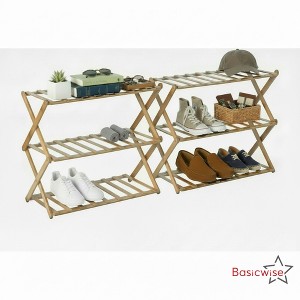 Basicwise Set of 2 Foldable Bamboo Shoe Rack and Storage Shelf Multi-Purpose Wooden Organizer for Entryway Closet or Living Room Space-Saving Stand - 1 of 4