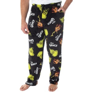 Seven Times Six Dr. Seuss Men's GRINCH Sneaky Face Fleece Plush Pajama Pants Black - 1 of 4