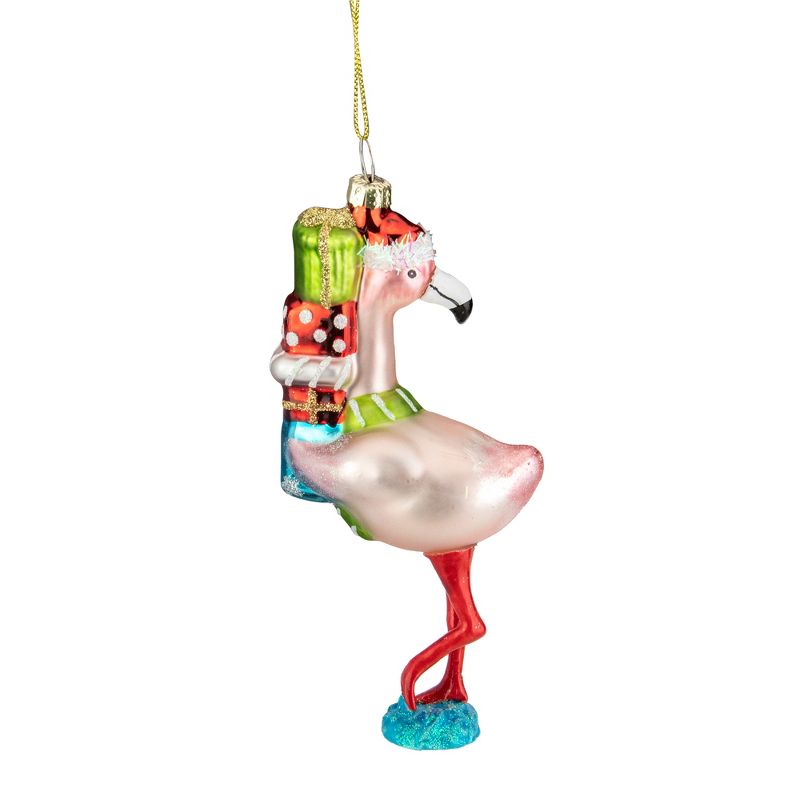Northlight 5.5" Pink Flamingo with Presents Glass Christmas Ornament, 3 of 5