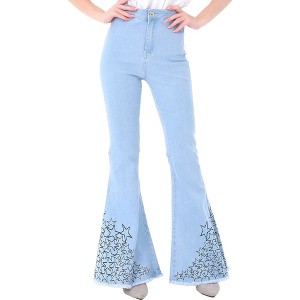 Anna-Kaci Classic Retro High Waist Long Denim Frayed Hem Bell Bottom Jeans - 1 of 4