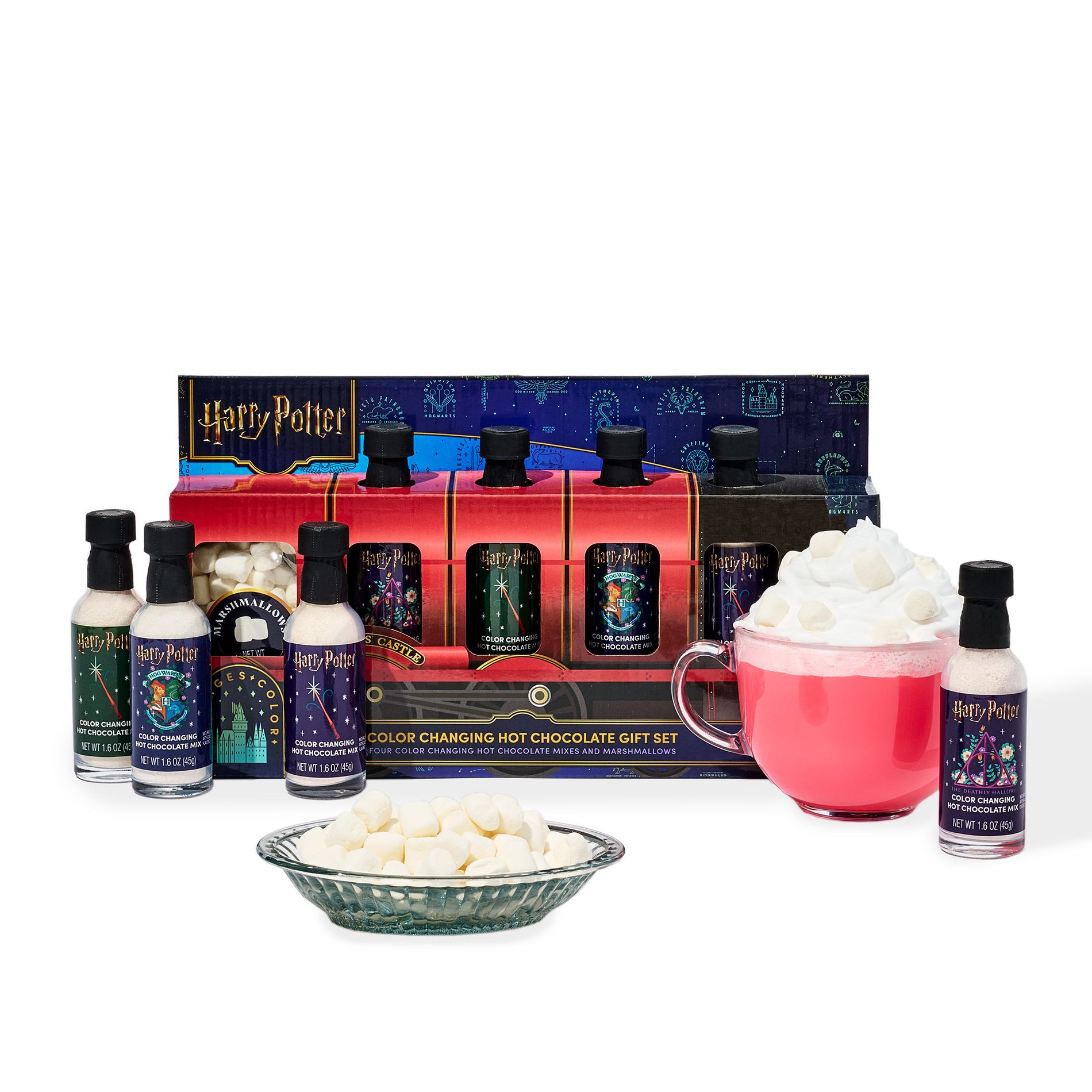 HARRY POTTER, Color Changing Hot Chocolate Gift Set, Includes 4 Bottles of Color Changing Hot Cocoa Mix and Marshmallows in Hogwarts Express Train Box